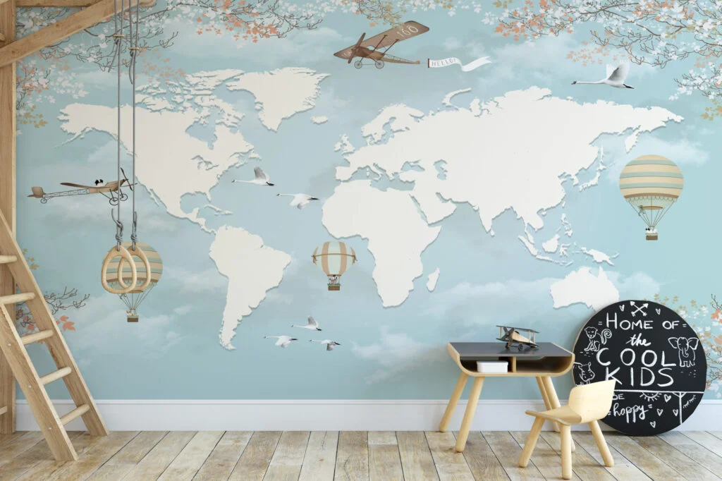 Pastel Açık Mavi Dünya Haritası Çocuk Odası Duvar Kağıdı Bebek Odası Duvar Kağıtları 2