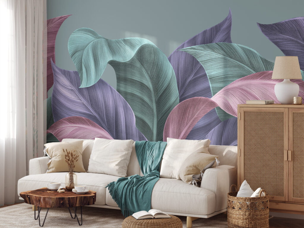 Pastel Renkli Muz Yaprakları ve Çizim Sanatı Duvar Kağıdı, Büyük Tropikal Yapraklar Duvar Posteri Tropikal Duvar Kağıtları 6