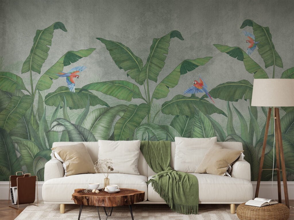 Vintage Tropikal Muz Yaprakları Duvar Kağıdı, Büyük Yapraklar ve Papağanlar Duvar Posteri Tropikal Duvar Kağıtları 5