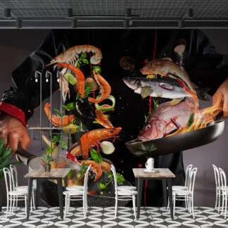 Tavada Balık Restoran Duvar Kağıdı Wok Balık Ürünleri Duvar Posteri Cafe & Restoran & Pastane Duvar Kağıtları