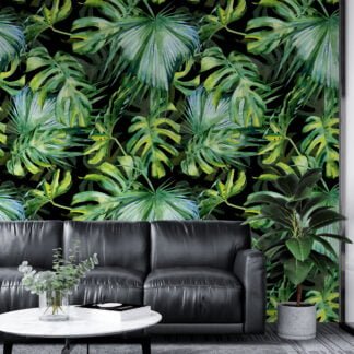 Sulu Boya Tarzı Monstera Yaprakları Duvar Kağıdı, Siyah Arka Fonlu Büyük Tropikal Yapraklar Duvar Posteri