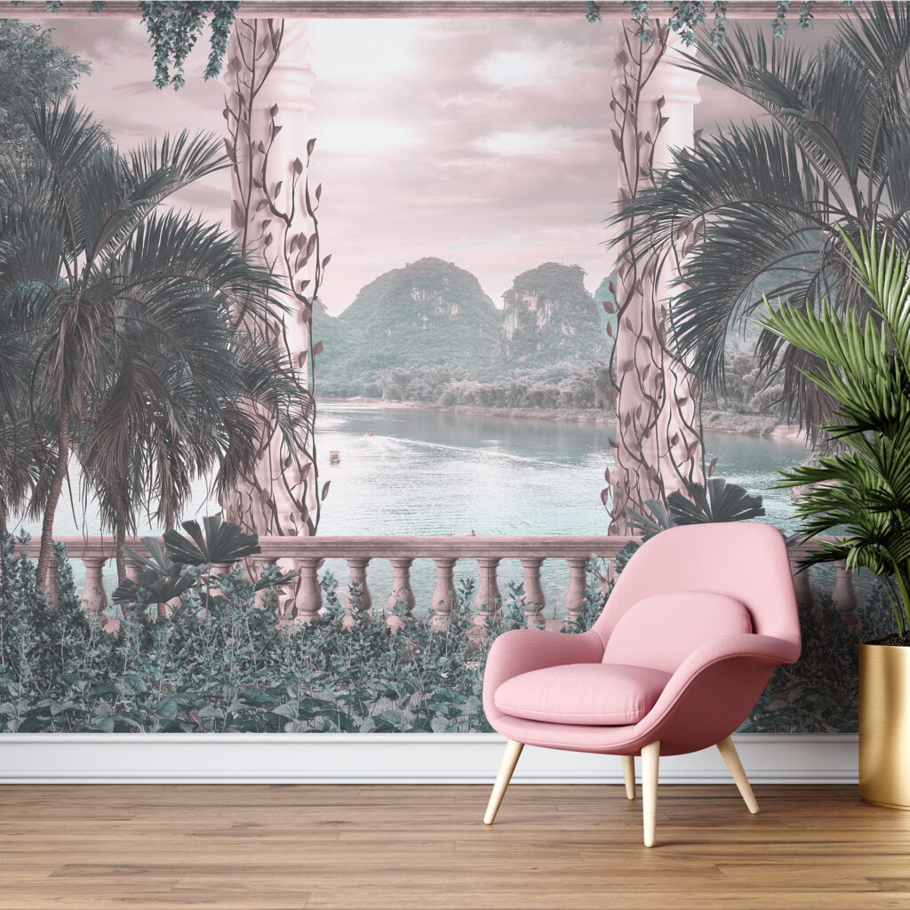 Romantik Tropikal Manzara Görünümü Duvar Kağıdı, Balkon Manzarası ile Palmiye Ağaçları Duvar Posteri Manzara Duvar Kağıtları 5