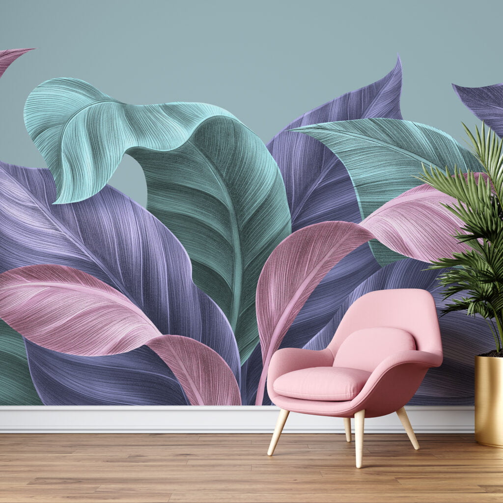 Pastel Renkli Muz Yaprakları ve Çizim Sanatı Duvar Kağıdı, Büyük Tropikal Yapraklar Duvar Posteri Tropikal Duvar Kağıtları 4