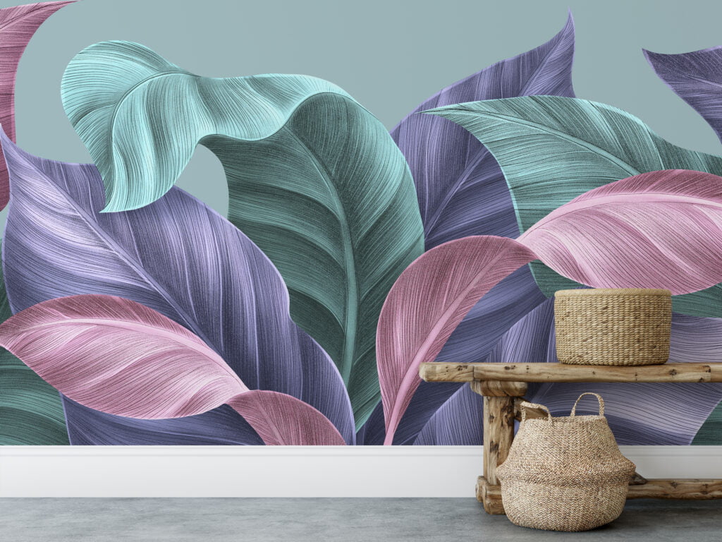 Pastel Renkli Muz Yaprakları ve Çizim Sanatı Duvar Kağıdı, Büyük Tropikal Yapraklar Duvar Posteri Tropikal Duvar Kağıtları 5