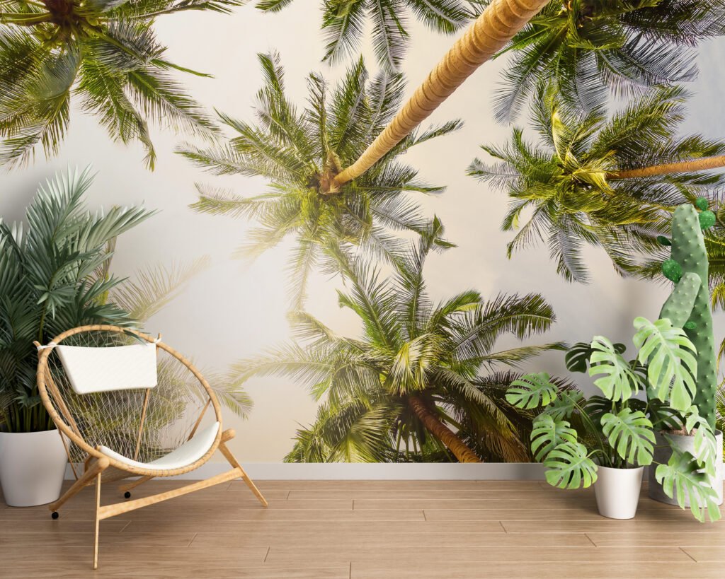 Güneşli Palmiye Ağaçları Duvar Kağıdı, Tropikal Büyük Ağaçlar Manzaralı Duvar Posteri Manzara Duvar Kağıtları 5