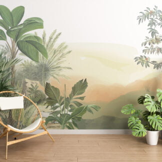Güneşli Çizilmiş Tropikal Yapraklar Duvar Kağıdı, Tropikal Kolaj İllüstrasyonu Duvar Posteri
