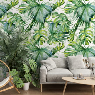 Sulu Boya Tarzı Monstera Yaprakları Duvar Kağıdı, Büyük Tropikal Yapraklar Duvar Posteri