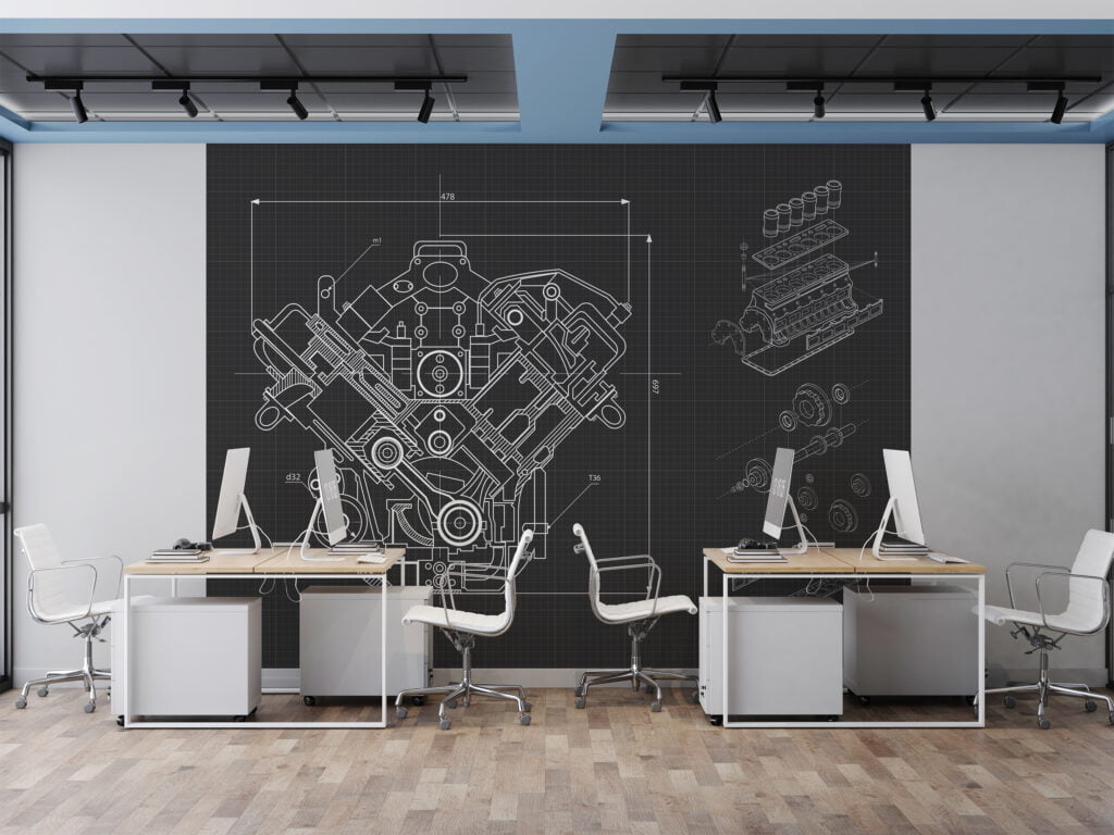 Mekanik Motor Çizimi Duvar Kağıdı Blueprint Desenli Duvar Posteri Ofis İçin Duvar Kağıtları 2