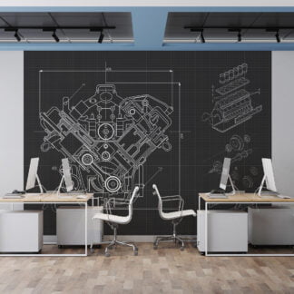 Mekanik Motor Çizimi Duvar Kağıdı Blueprint Desenli Duvar Posteri