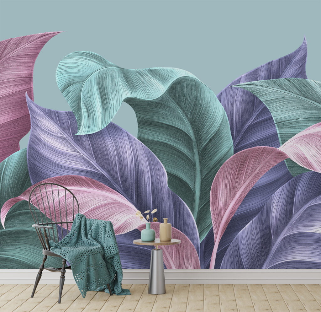 Pastel Renkli Muz Yaprakları ve Çizim Sanatı Duvar Kağıdı, Büyük Tropikal Yapraklar Duvar Posteri Tropikal Duvar Kağıtları 3