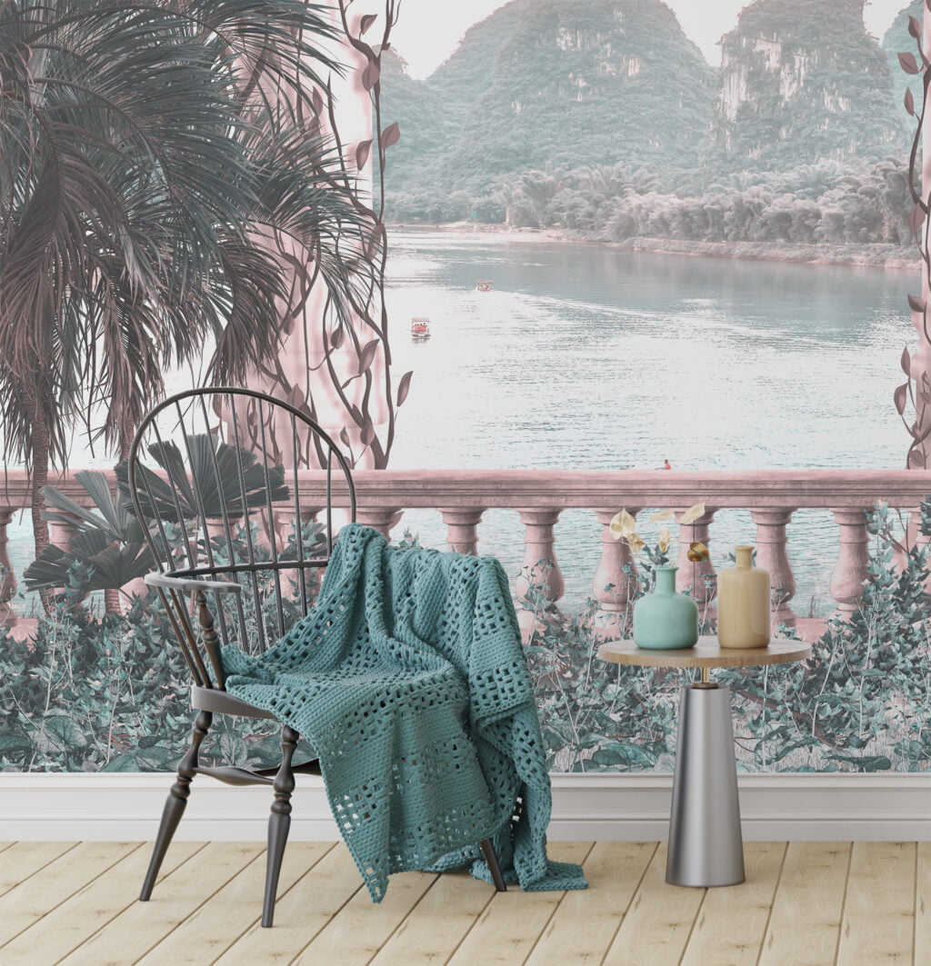 Romantik Tropikal Manzara Görünümü Duvar Kağıdı, Balkon Manzarası ile Palmiye Ağaçları Duvar Posteri Manzara Duvar Kağıtları 3