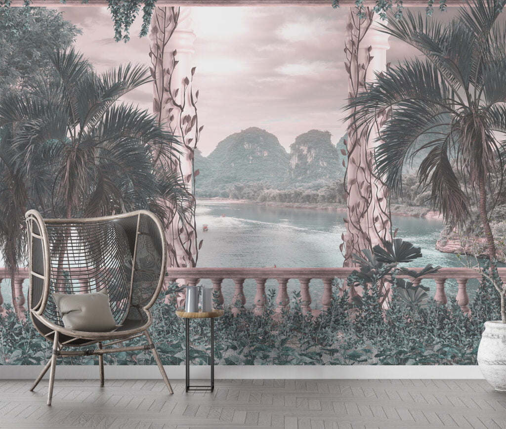 Romantik Tropikal Manzara Görünümü Duvar Kağıdı, Balkon Manzarası ile Palmiye Ağaçları Duvar Posteri Manzara Duvar Kağıtları 6