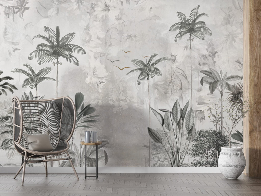 Vintage Tropikal Yapraklar Duvar Kağıdı, Palmiye Ağaçları ve Botanik Desenli 3D Duvar Kağıdı Manzara Duvar Kağıtları 2