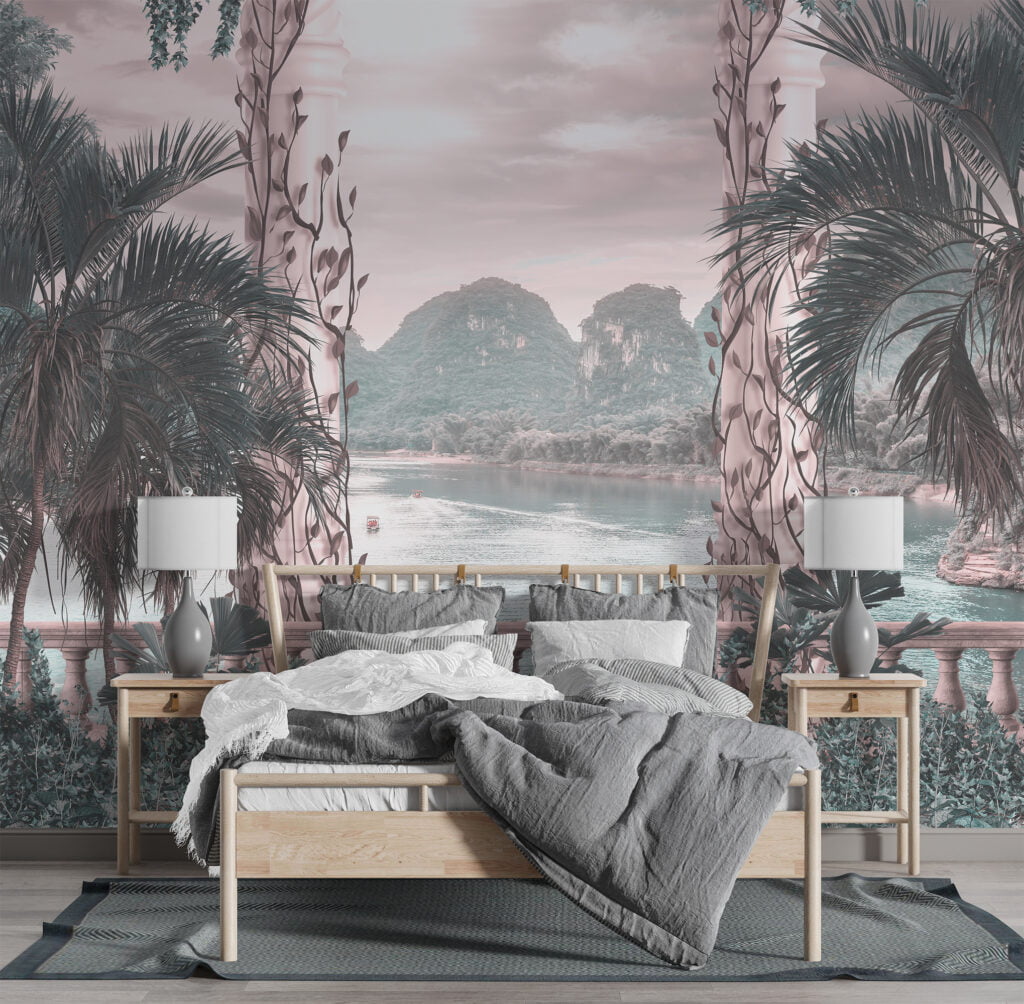 Romantik Tropikal Manzara Görünümü Duvar Kağıdı, Balkon Manzarası ile Palmiye Ağaçları Duvar Posteri Manzara Duvar Kağıtları 2