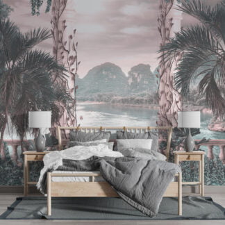 Romantik Tropikal Manzara Görünümü Duvar Kağıdı, Balkon Manzarası ile Palmiye Ağaçları Duvar Posteri