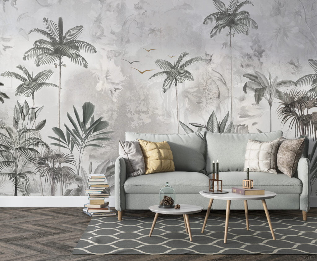 Vintage Tropikal Yapraklar Duvar Kağıdı, Palmiye Ağaçları ve Botanik Desenli 3D Duvar Kağıdı Manzara Duvar Kağıtları 4