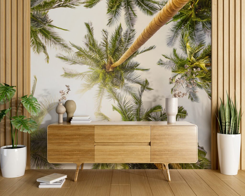 Güneşli Palmiye Ağaçları Duvar Kağıdı, Tropikal Büyük Ağaçlar Manzaralı Duvar Posteri Manzara Duvar Kağıtları 6