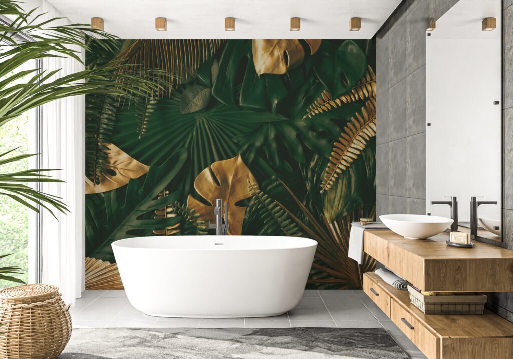Büyük Tropikal Koyu Yeşil ve Altın Sarısı Yapraklar Duvar Kağıdı, Yeşil Tropikal Bitkiler Duvar Posteri Tropikal Duvar Kağıtları 2