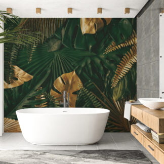 Büyük Tropikal Koyu Yeşil ve Altın Sarısı Yapraklar Duvar Kağıdı, Yeşil Tropikal Bitkiler Duvar Posteri