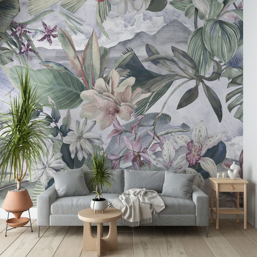 Soğuk Tonlarda Tropikal Çiçekler Duvar Kağıdı, Büyük Tropikal Yapraklar Duvar Posteri Çiçekli Duvar Kağıtları 6
