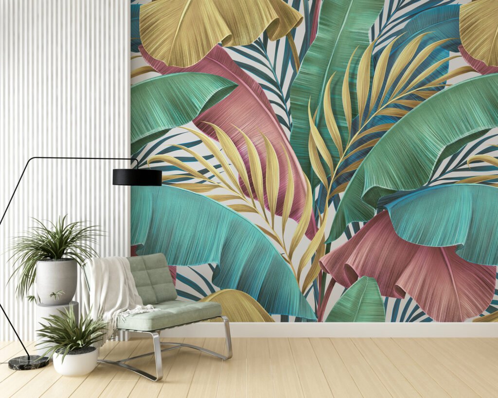 Büyük Çok Renkli Sanatsal Yapraklar Duvar Kağıdı, Tropikal Yapraklar Duvar Posteri Tropikal Duvar Kağıtları 5