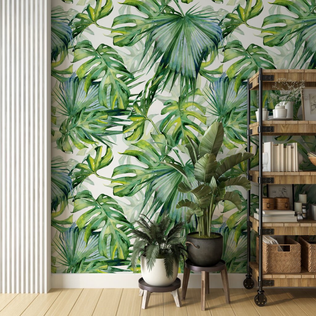 Sulu Boya Tarzı Monstera Yaprakları Duvar Kağıdı, Büyük Tropikal Yapraklar Duvar Posteri Suluboya Duvar Kağıtları 4