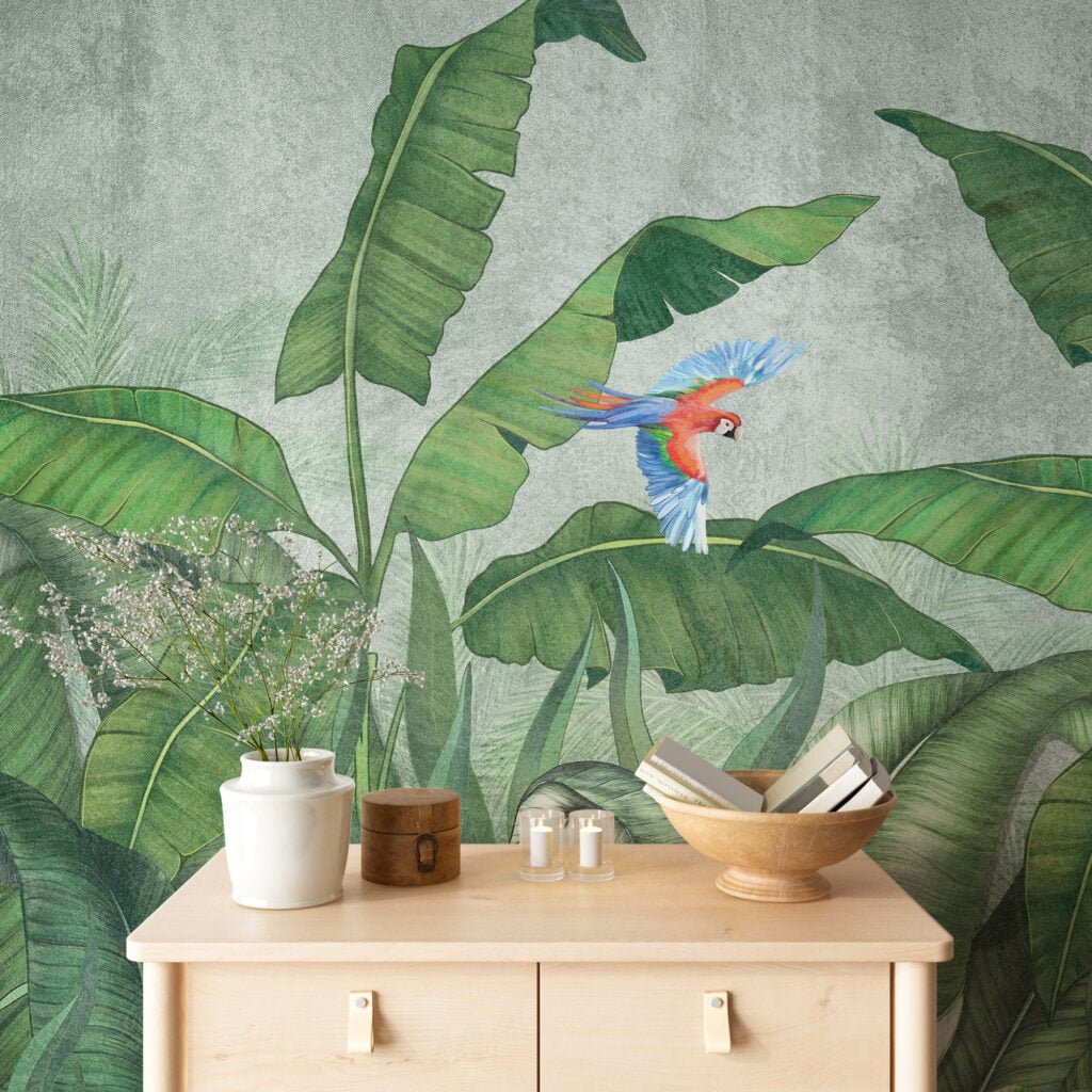 Vintage Tropikal Muz Yaprakları Duvar Kağıdı, Büyük Yapraklar ve Papağanlar Duvar Posteri Tropikal Duvar Kağıtları 2