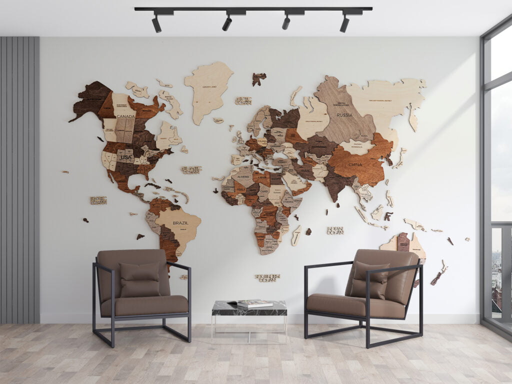 Ahşap Görünümlü Minimal Dünya Haritası Duvar Kağıdı Harita 3D Duvar Posteri Ahşap Desenli Duvar Kağıtları 3