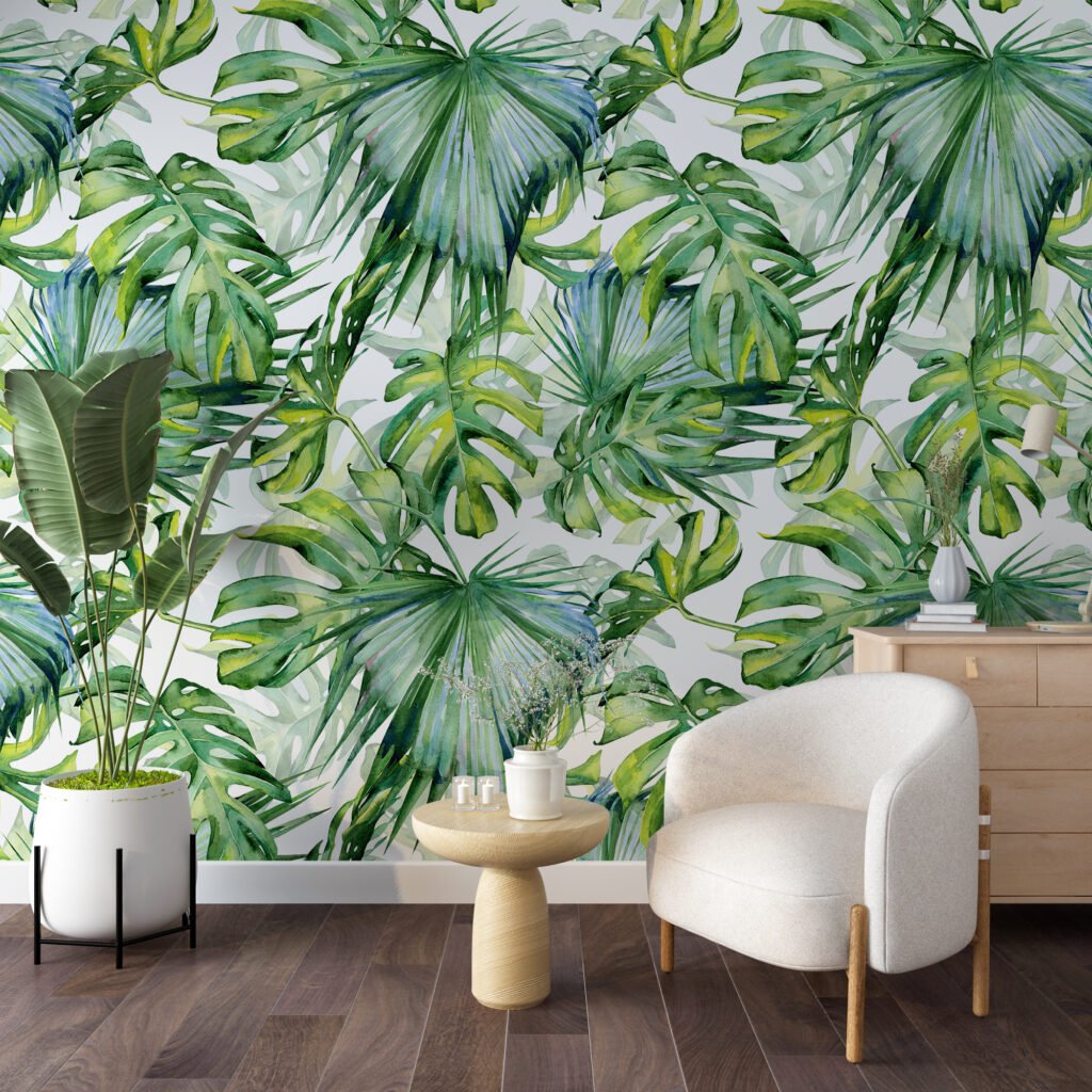 Sulu Boya Tarzı Monstera Yaprakları Duvar Kağıdı, Büyük Tropikal Yapraklar Duvar Posteri Suluboya Duvar Kağıtları 3