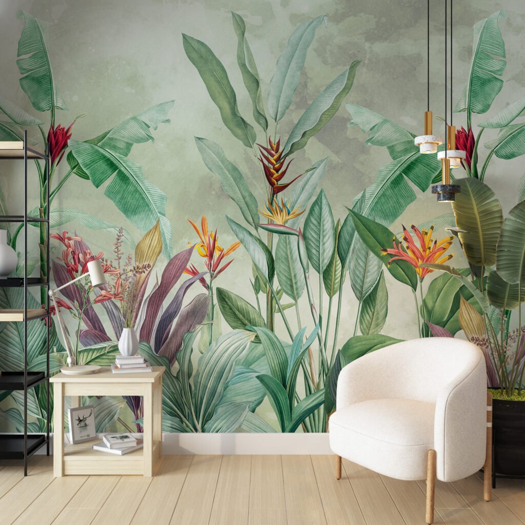 Büyük Vintage Renkli Botanik Bitkiler Duvar Kağıdı, Tropikal Yapraklar ve Bitkiler Duvar Posteri Tropikal Duvar Kağıtları 5