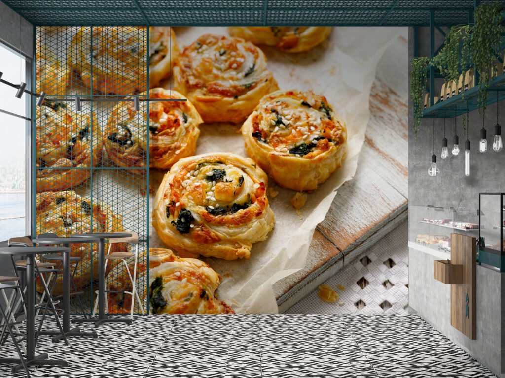 Yuvarlak Börek Fırın Duvar Kağıdı Börek Çeşitleri 3D Duvar Posteri Cafe & Restoran & Pastane Duvar Kağıtları 3