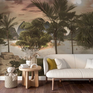 Muhteşem Tropikal Nehir Kıyısı Duvar Kağıdı, Vintage Stil Tropikal Ağaçlar Duvar Posteri Manzara Duvar Kağıtları
