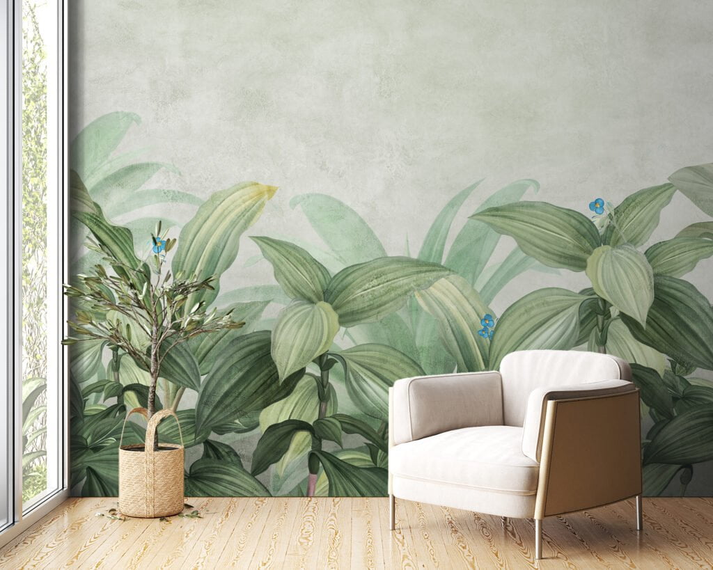 Büyük Botanik Bitkiler İllüstrasyon Duvar Kağıdı, Vintage Stil Yeşil Yapraklar Duvar Posteri Tropikal Duvar Kağıtları 3