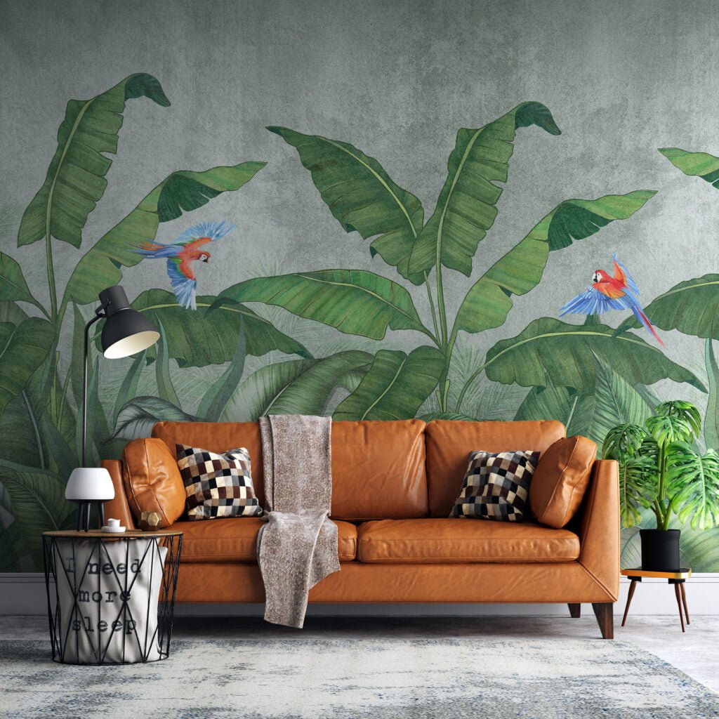 Vintage Tropikal Muz Yaprakları Duvar Kağıdı, Büyük Yapraklar ve Papağanlar Duvar Posteri Tropikal Duvar Kağıtları 3