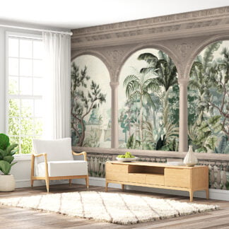 Antik Tropikal Balkon Manzarası Duvar Kağıdı, Palmiye Ağaçları Manzaralı Duvar Posteri Manzara Duvar Kağıtları
