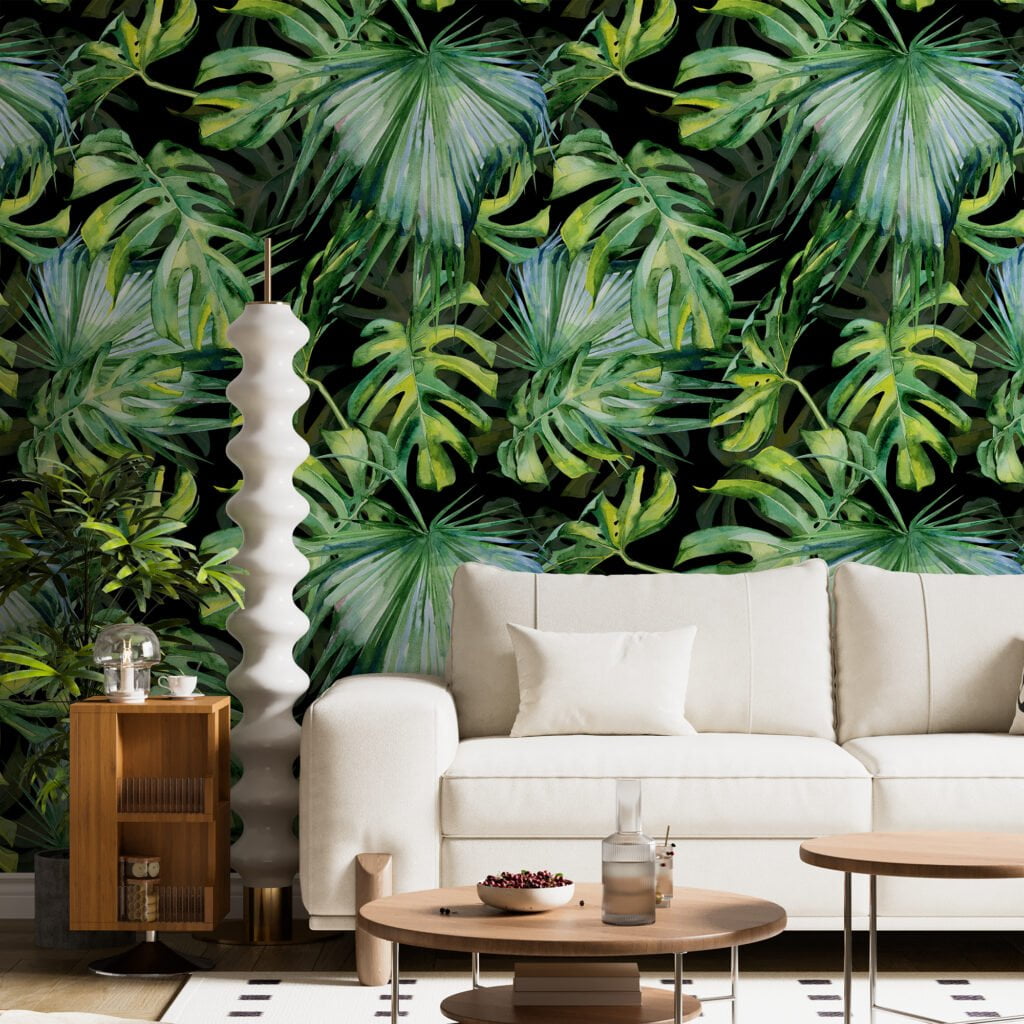 Sulu Boya Tarzı Monstera Yaprakları Duvar Kağıdı, Siyah Arka Fonlu Büyük Tropikal Yapraklar Duvar Posteri Suluboya Duvar Kağıtları 3