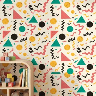 Renkli Geometrik Şekilli 80ler Stili Duvar Kağıdı, Sarı ve Pembe Soyut Desenli Retro Duvar Posteri Çocuk Odası Duvar Kağıtları