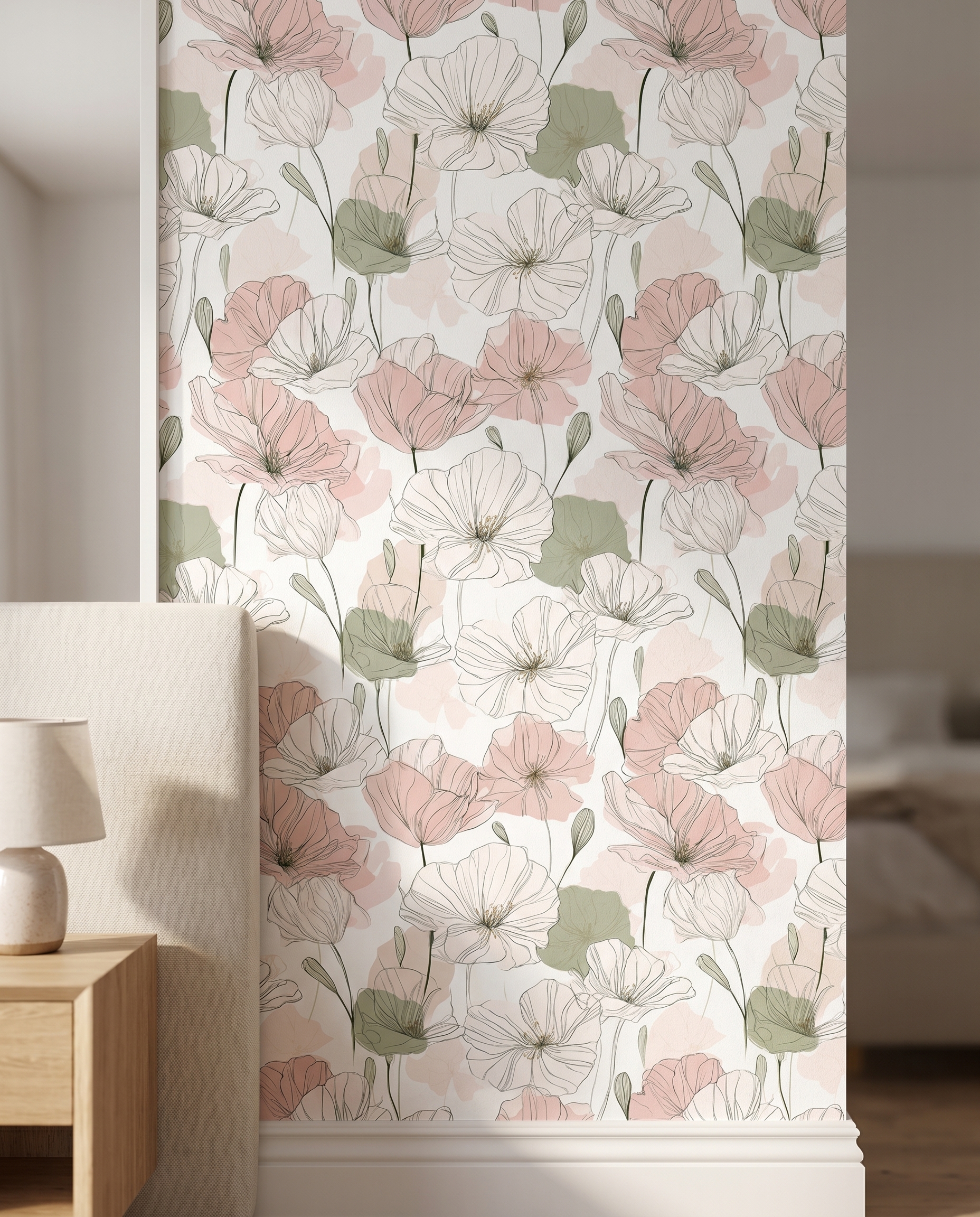 Pastel Pembe ve Yeşil Çiçekli Sanatsal Çizim Duvar Kağıdı, Minimalist Botanik Desenli Duvar Posteri Çiçekli Duvar Kağıtları 3 Pastel Pembe ve Yeşil Çiçekli Sanatsal Çizim Duvar Kağıdı, Minimalist Botanik Desenli Duvar Posteri Çiçekli Duvar Kağıtları 3