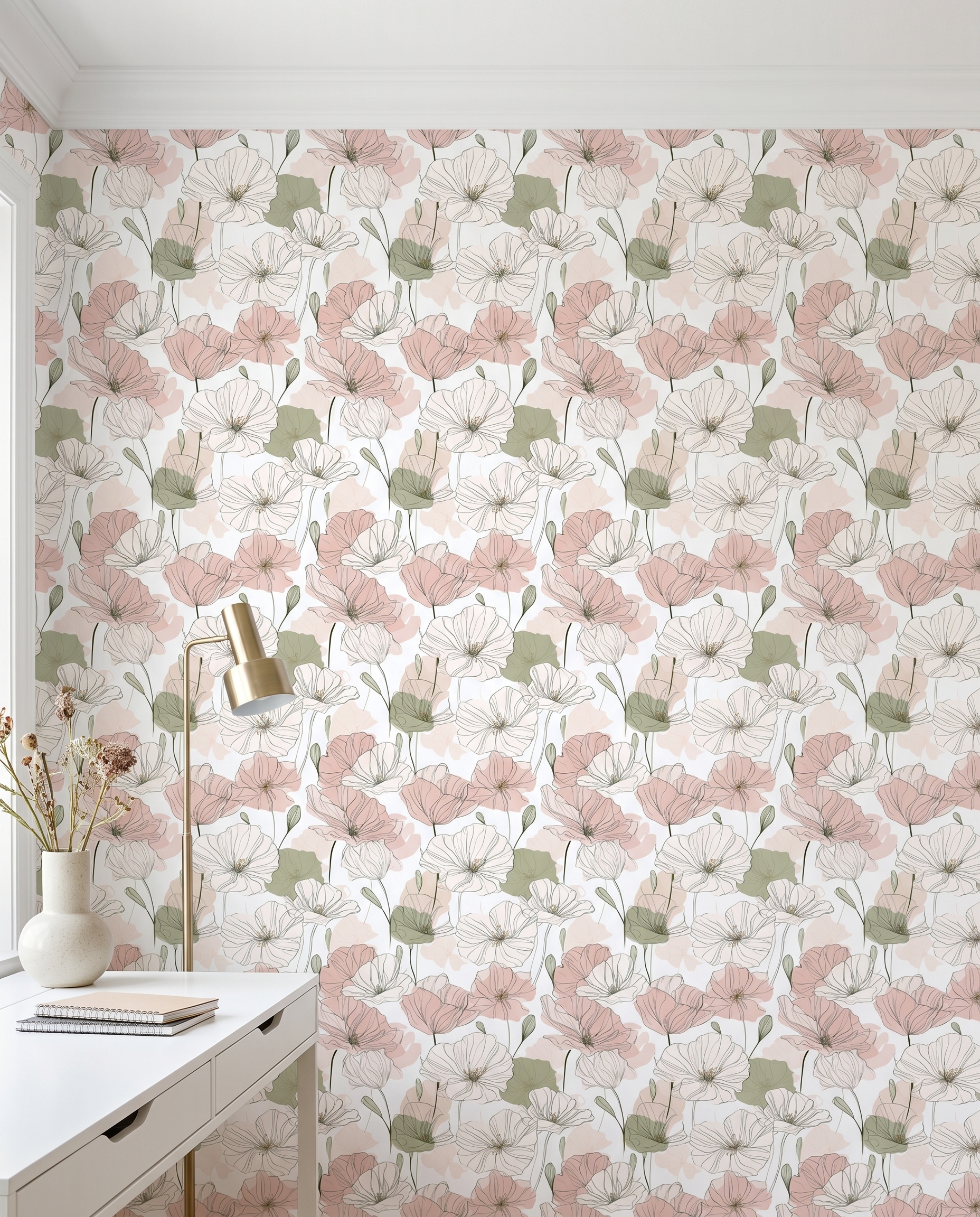 Pastel Pembe ve Yeşil Çiçekli Sanatsal Çizim Duvar Kağıdı, Minimalist Botanik Desenli Duvar Posteri Çiçekli Duvar Kağıtları 5 Pastel Pembe ve Yeşil Çiçekli Sanatsal Çizim Duvar Kağıdı, Minimalist Botanik Desenli Duvar Posteri Çiçekli Duvar Kağıtları 5