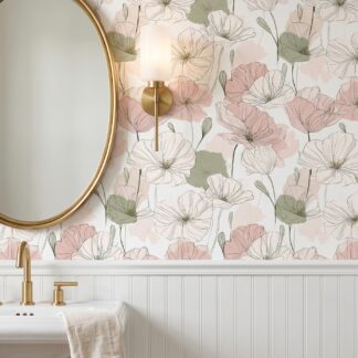 Pastel Pembe ve Yeşil Çiçekli Sanatsal Çizim Duvar Kağıdı, Minimalist Botanik Desenli Duvar Posteri Çiçekli Duvar Kağıtları Pastel Pembe ve Yeşil Çiçekli Sanatsal Çizim Duvar Kağıdı, Minimalist Botanik Desenli Duvar Posteri Çiçekli Duvar Kağıtları