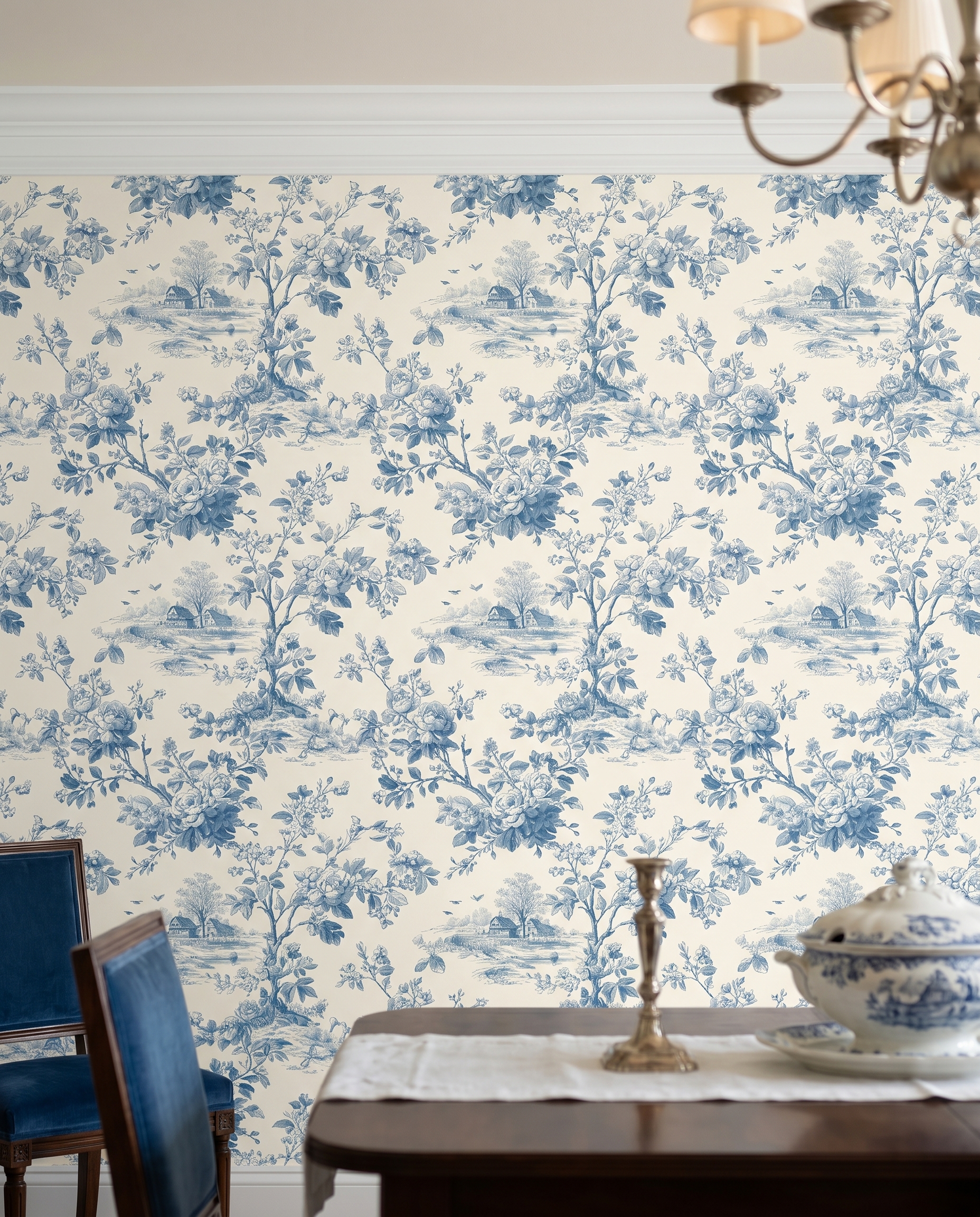 Mavi Çiçekli Kır Manzarası Desenli Klasik Duvar Kağıdı, Vintage Toile de Jouy Stili Romantik Duvar Posteri Çiçekli Duvar Kağıtları 3 Mavi Çiçekli Kır Manzarası Desenli Klasik Duvar Kağıdı, Vintage Toile de Jouy Stili Romantik Duvar Posteri Çiçekli Duvar Kağıtları 3