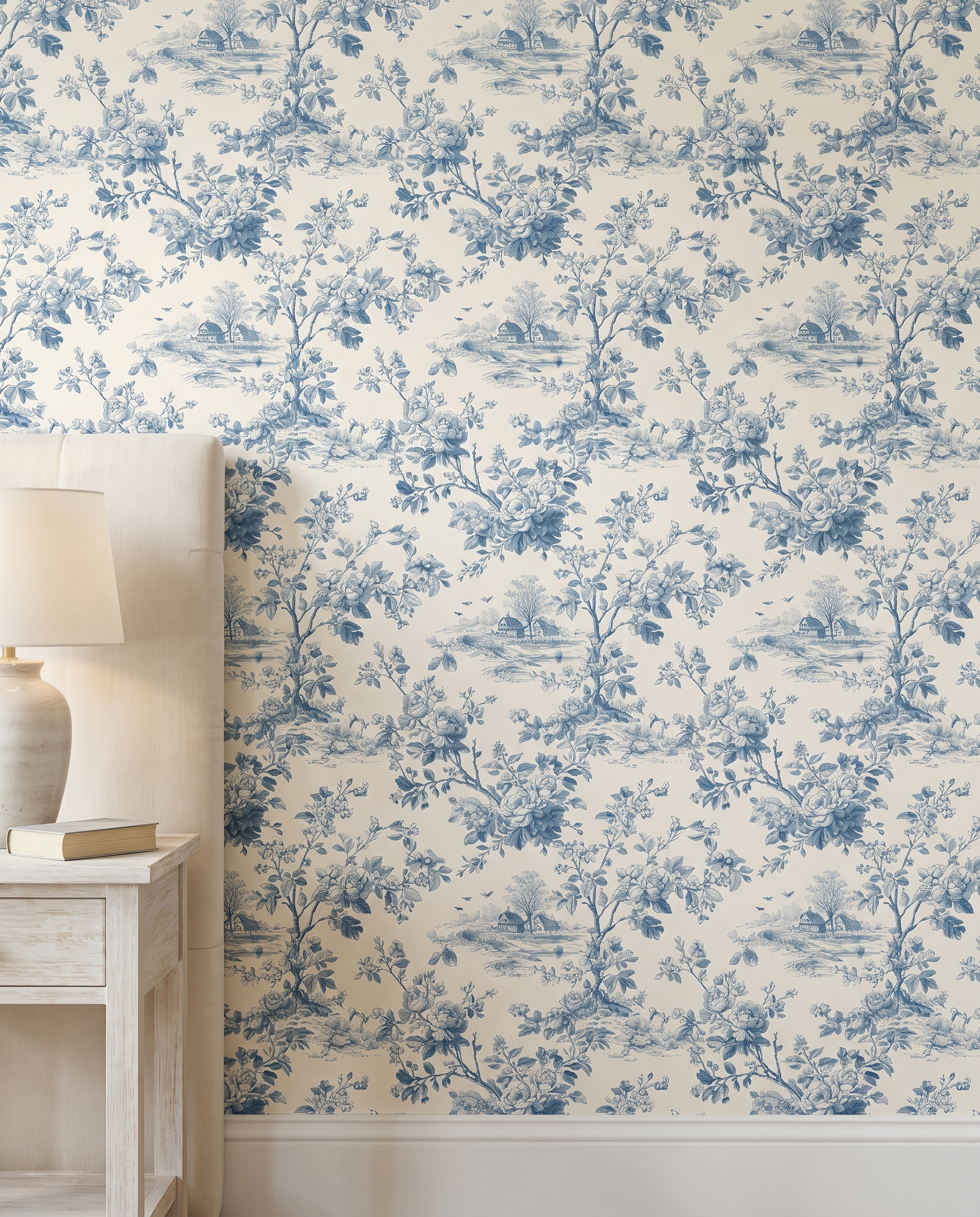 Mavi Çiçekli Kır Manzarası Desenli Klasik Duvar Kağıdı, Vintage Toile de Jouy Stili Romantik Duvar Posteri Çiçekli Duvar Kağıtları 4 Mavi Çiçekli Kır Manzarası Desenli Klasik Duvar Kağıdı, Vintage Toile de Jouy Stili Romantik Duvar Posteri Çiçekli Duvar Kağıtları 4