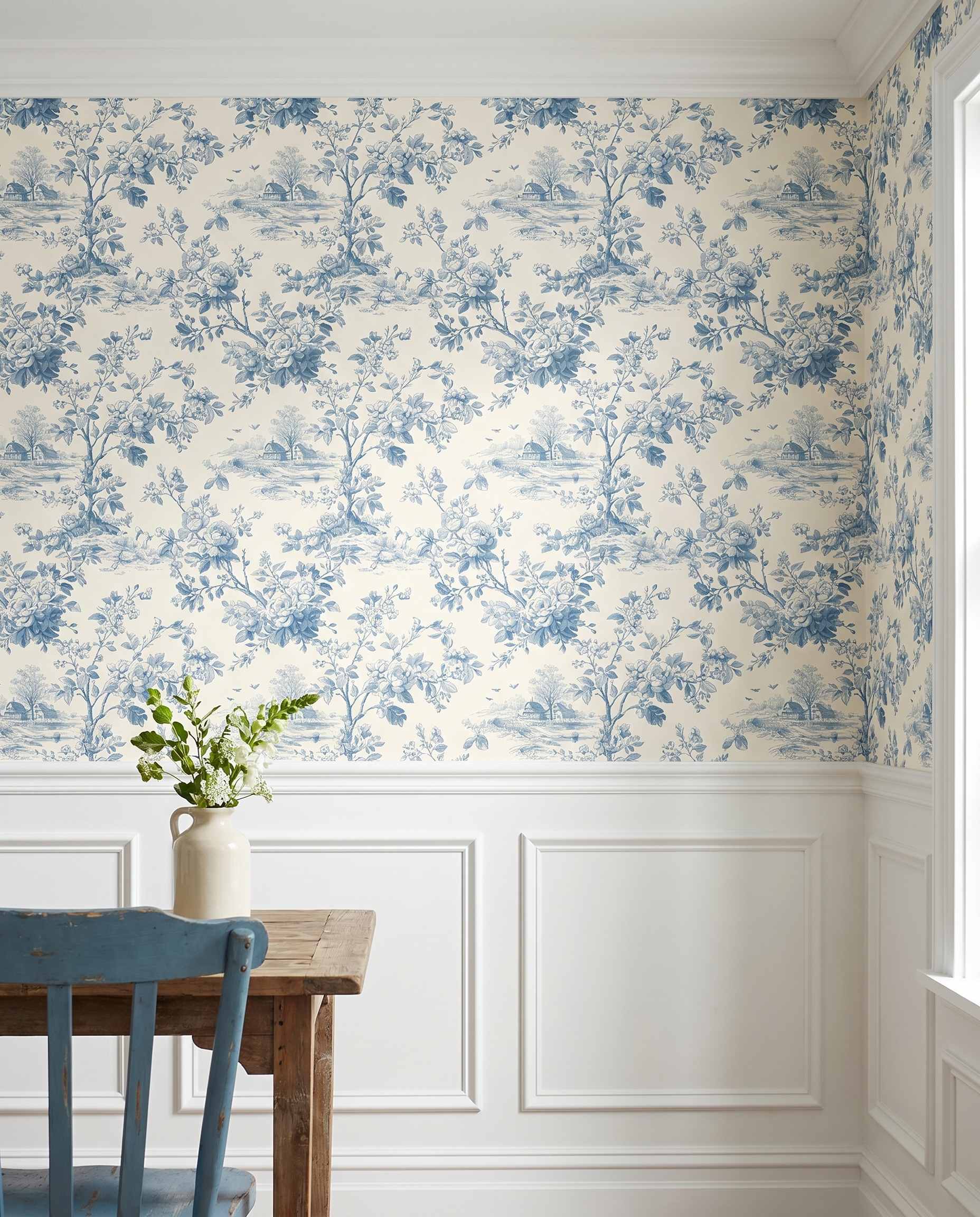 Mavi Çiçekli Kır Manzarası Desenli Klasik Duvar Kağıdı, Vintage Toile de Jouy Stili Romantik Duvar Posteri Çiçekli Duvar Kağıtları 5 Mavi Çiçekli Kır Manzarası Desenli Klasik Duvar Kağıdı, Vintage Toile de Jouy Stili Romantik Duvar Posteri Çiçekli Duvar Kağıtları 5