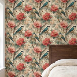 Vintage Stil Turkuaz Kuşlu ve Pembe Şakayık Çiçekli Duvar Kağıdı, Klasik Desenli Botanik Duvar Posteri Doğa Temalı Duvar Kağıtları Vintage Stil Turkuaz Kuşlu ve Pembe Şakayık Çiçekli Duvar Kağıdı, Klasik Desenli Botanik Duvar Posteri Doğa Temalı Duvar Kağıtları
