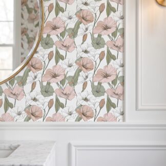 Pastel Pembe ve Beyaz Çiçekli Çizgisel Duvar Kağıdı, Adaçayı Yeşili Yapraklı Botanik Duvar Posteri Çiçekli Duvar Kağıtları Pastel Pembe ve Beyaz Çiçekli Çizgisel Duvar Kağıdı, Adaçayı Yeşili Yapraklı Botanik Duvar Posteri Çiçekli Duvar Kağıtları