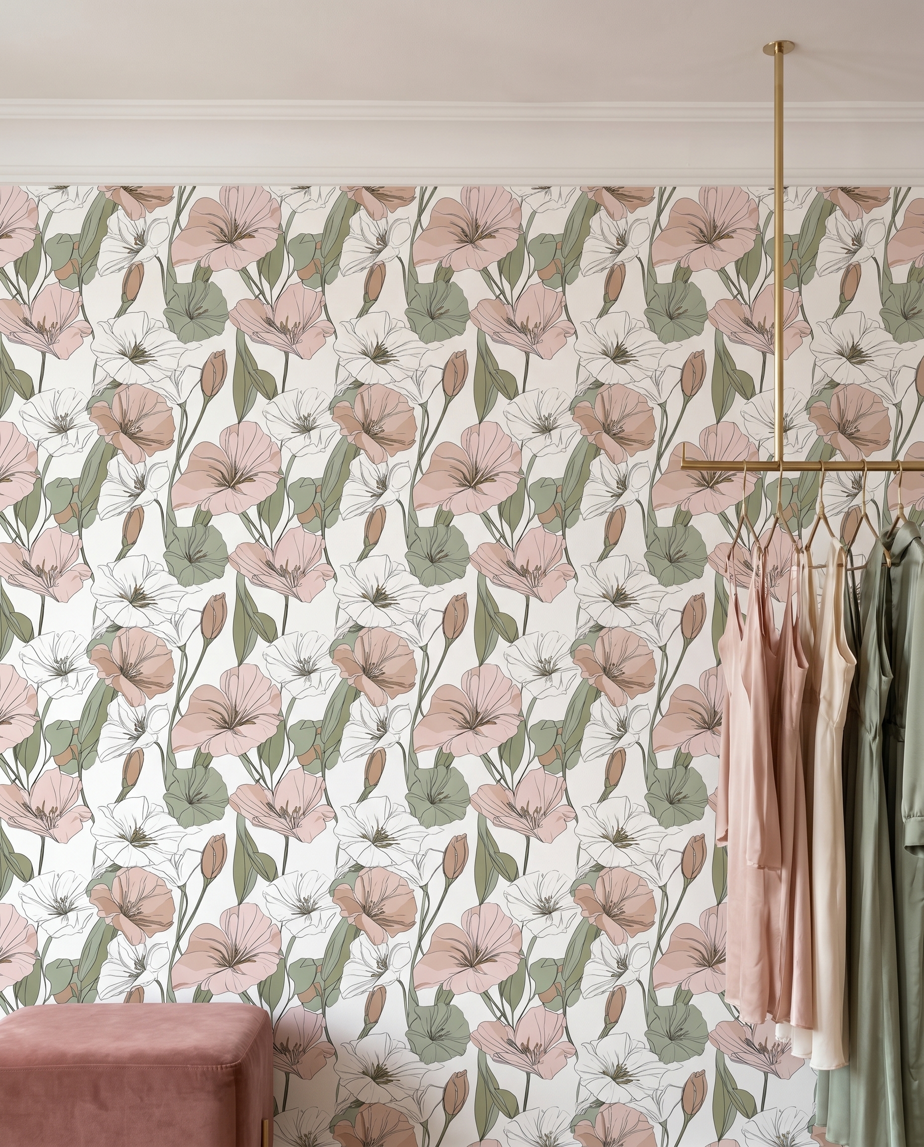 Pastel Pembe ve Beyaz Çiçekli Çizgisel Duvar Kağıdı, Adaçayı Yeşili Yapraklı Botanik Duvar Posteri Çiçekli Duvar Kağıtları 5 Pastel Pembe ve Beyaz Çiçekli Çizgisel Duvar Kağıdı, Adaçayı Yeşili Yapraklı Botanik Duvar Posteri Çiçekli Duvar Kağıtları 5