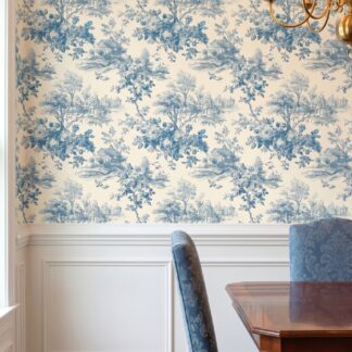 Mavi Çiçekli Kır Evi Manzaralı Vintage Duvar Kağıdı, Toile de Jouy Desenli Klasik Duvar Posteri Çiçekli Duvar Kağıtları