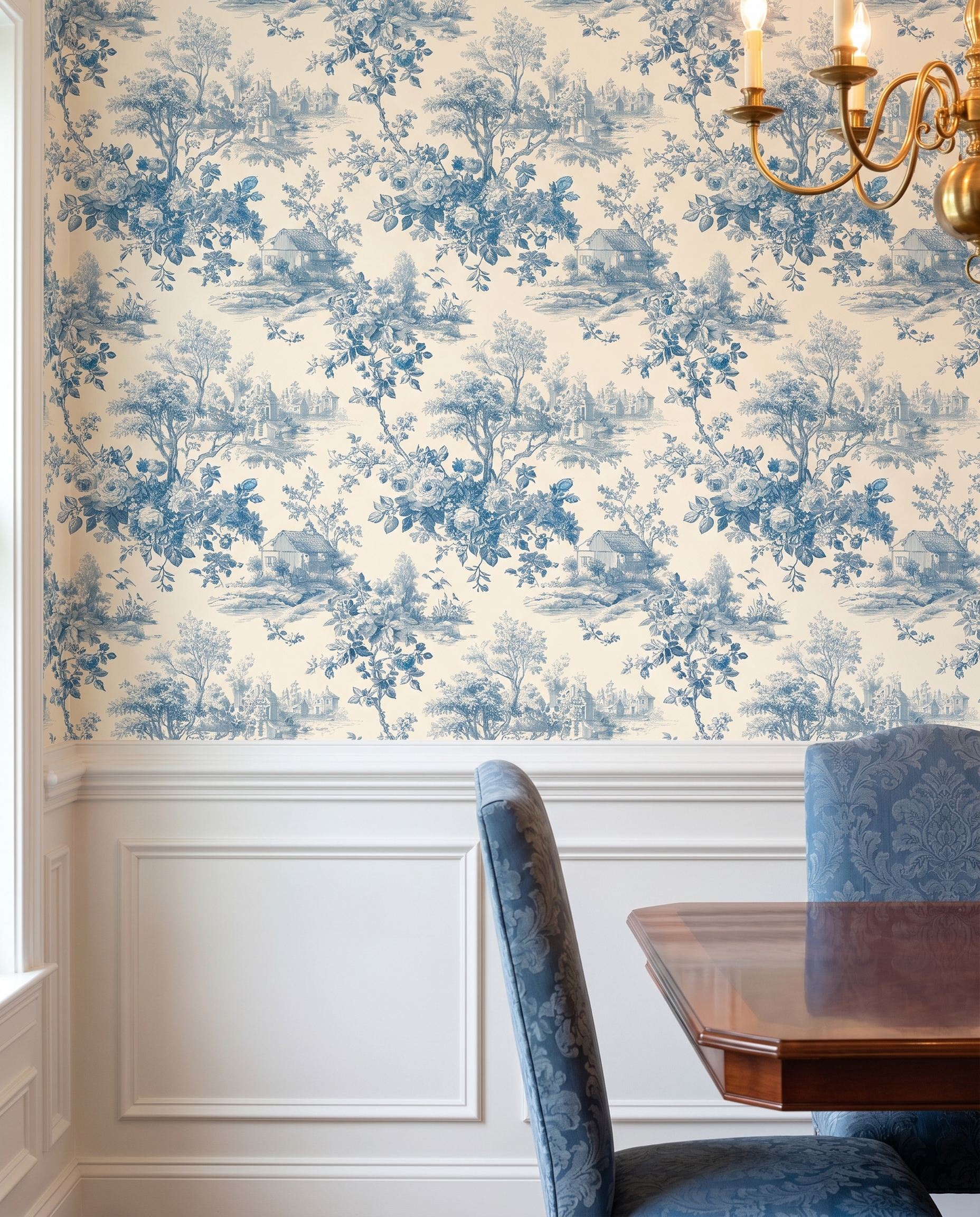 Mavi Çiçekli Kır Evi Manzaralı Vintage Duvar Kağıdı, Toile de Jouy Desenli Klasik Duvar Posteri Çiçekli Duvar Kağıtları 2 Mavi Çiçekli Kır Evi Manzaralı Vintage Duvar Kağıdı, Toile de Jouy Desenli Klasik Duvar Posteri Çiçekli Duvar Kağıtları 2