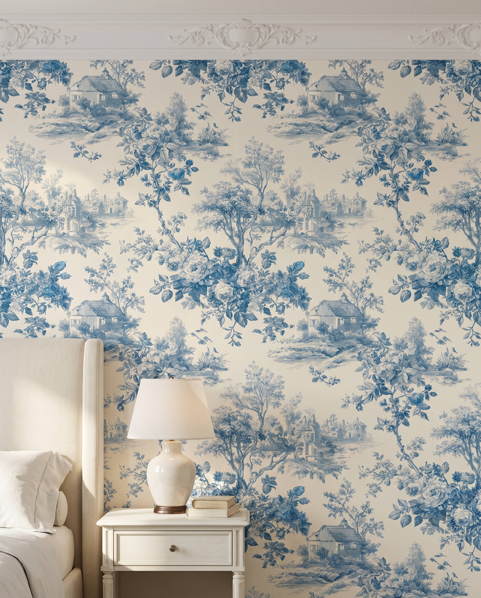 Mavi Çiçekli Kır Evi Manzaralı Vintage Duvar Kağıdı, Toile de Jouy Desenli Klasik Duvar Posteri Çiçekli Duvar Kağıtları 3 Mavi Çiçekli Kır Evi Manzaralı Vintage Duvar Kağıdı, Toile de Jouy Desenli Klasik Duvar Posteri Çiçekli Duvar Kağıtları 3