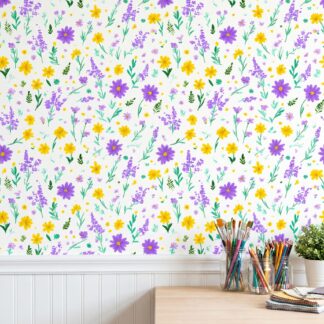 Suluboya Mor ve Sarı Kır Çiçekleri Desenli Duvar Kağıdı, Çocuk Odası İçin Neşeli Botanik Duvar Posteri Doğa Temalı Duvar Kağıtları Suluboya Mor ve Sarı Kır Çiçekleri Desenli Duvar Kağıdı, Çocuk Odası İçin Neşeli Botanik Duvar Posteri Doğa Temalı Duvar Kağıtları